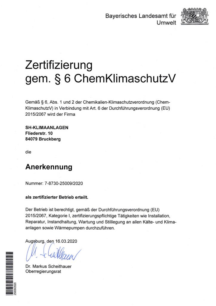 Zertifizierung gem. § 6 ChemKlimaschutz V